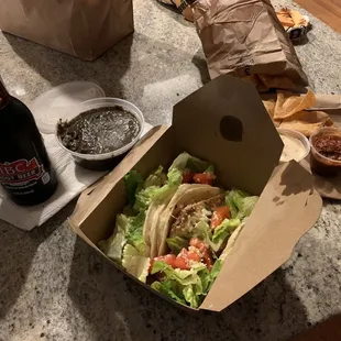 Blackened Fish Tacos, Chips &amp; Salsa, Refried Black Beans &amp; Root Beer