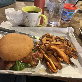 BLT (gluten free bun) w. Avocado, and French fries.