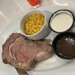 Medium prime rib with corn, horseradish and au jus.