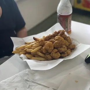 Shrimp and fries- someone just said they are addicting.