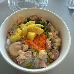 Poke White Rice Masago Corn Pineapple Tempura Spicy Aioli Sauce Protein Spicy Tuna and tuna