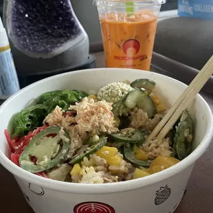 white rice, tuna, sweet wasabi, creamy sesame, cucumber, mango, jalapeño, seaweed salad, spicy crab mix, pickled ginger, corn &amp; avocado