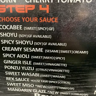 Sauce descriptions. The Rex is their signature and it's delicious- not too spicy, fresh and citrusy.