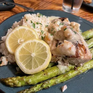 Grilled Mahi Mahi with Shrimp Jasmine Rice &amp; Asparagus...topped with a creamy coconut sauce