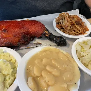 BBQ Breast and Drumstick, bbq pork, Lima Beans, Cabbage and Potato Salad