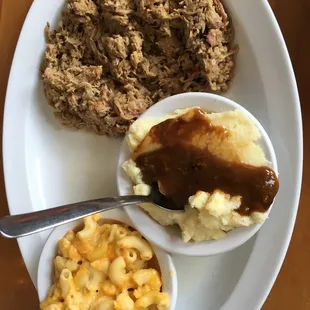 Pulled pork, Mac n cheese and mashed potatoes