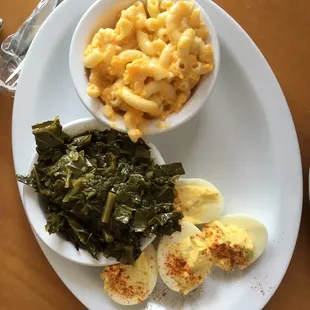 Sides: Mac n cheese, deviled eggs &amp; collard greens