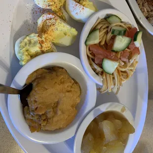 4 sides deviled eggs, pasta salad. fried apples &amp; sweet potato casserole