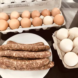 Lamb Merguez, chicken eggs and duck eggs