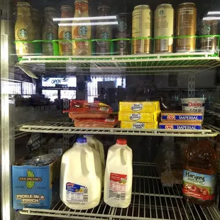 Basic groceries like butter, milk, and hot dogs