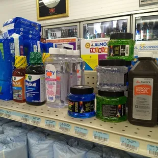 A few personal care items. Hair gel, baby oil, peroxide, cold and cough syrup, feminine hygiene...