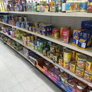 Assortment of canned and boxed food like beans, cup of noodles, mac n cheese, SPAM, etc.