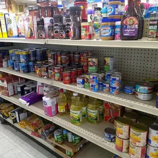 Some pantry essentials like sugar, oil, peanut butter, and coffee