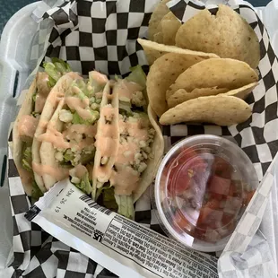 Teeny tiny tacos, with squeezable sour cream on the side