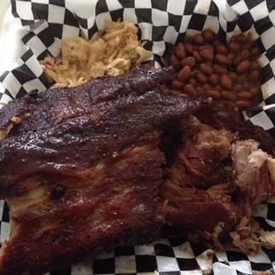 Two meat plate: ribs and pulled pork with baked beans and slaw.