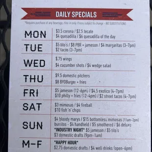 Daily Deals Menu