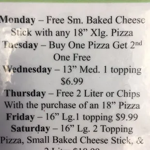 menu for evening specials