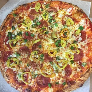 pepperoni, peppers, and cheese