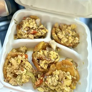 Plantain Cups (fried semisweet plantain served with ackee and saltfish)