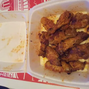 buffalo wings. Not too saucy. Only come in one flavor.