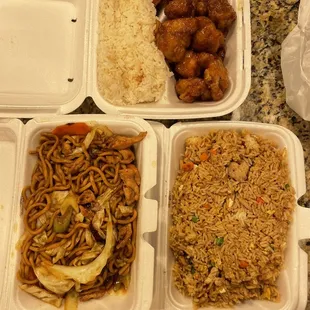 Orange chicken, chicken lo mein, and fried rice
