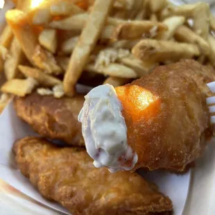 Fish &amp; Chips (upgraded to garlic fries) $13