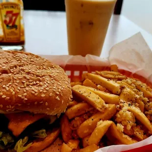 tasty juicy cheeseburger &amp; xtra garlic fries with a fresh banana shake