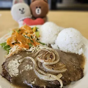 Hamburger Steak plate with green salad and French dressing... yummy!