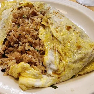 Fried rice omelet with shoyu and Tabasco sauce
