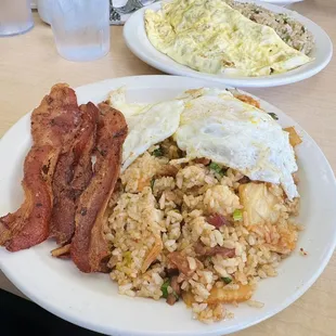 Bacon and over easy eggs with kimchi fried rice
