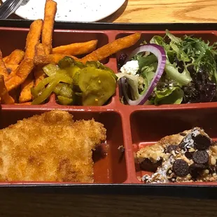 Lunchbox special; pork chop, sweet potato fries. $12