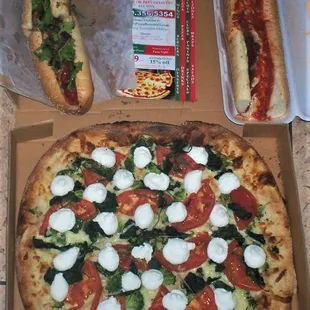 Top left-Apollo Chicken sandwich; top right-Ultimate eggplant parm sandwich. Bottom Veggicota pizza-yum!