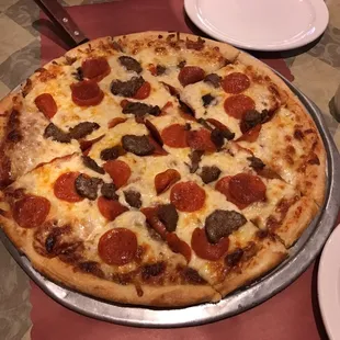 X-Large pepperoni and meatball pizza. $11.95 for Saturday special!