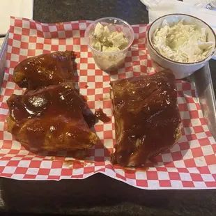 Ribs and chicken, coleslaw, potato salad