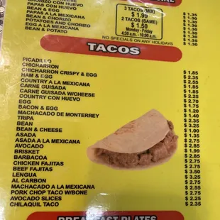 Taco menu