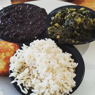 Sometimes I just love a veggie plate. Black beans, herb rice, and collard greens.
