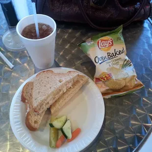 Chicken salad sandwich, chips and drink $5.40