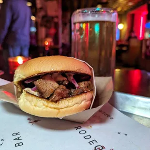 burnt ends sandwich $12 &amp; beer $6