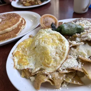 Chilaquiles verdes and buttermilk pancakes