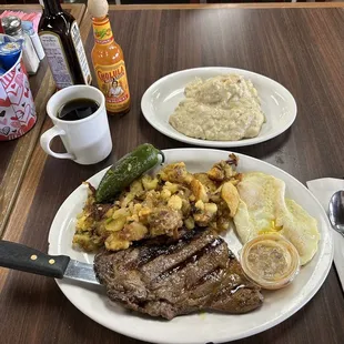 Ribeye Steak &amp; Eggs with Rodeo Potato's and Biscuit &amp; Gravy.
