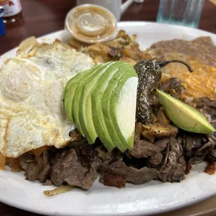 Breakfast Steak Fajitas with avocado.