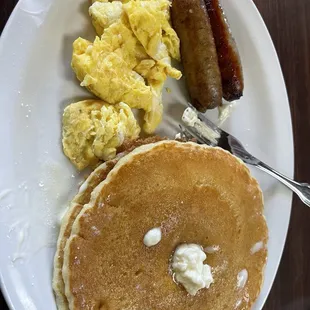 Pancakes with 1 Egg, and Bacon or Sausage