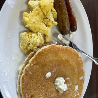 Pancakes with 1 Egg, and Bacon or Sausage