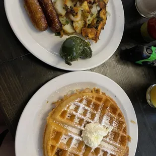 Waffle, sausage and house potatoes