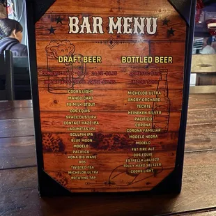 Bar menu as of 1/19/2025