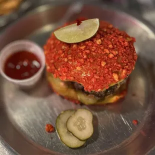 The Cortez burger - Flaming Hot Cheetos bun!