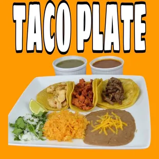 4 tacos served with rice and beans