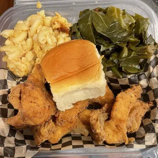 Fried catfish, mac &amp; cheese, collard greens, and a bun