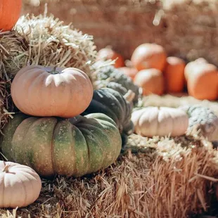 a stack of pumpkins and hay bales