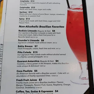Caipirinhas, Non-Alcoholic Brazilian Cocktails, fruit juices, coffee, and tea menu.